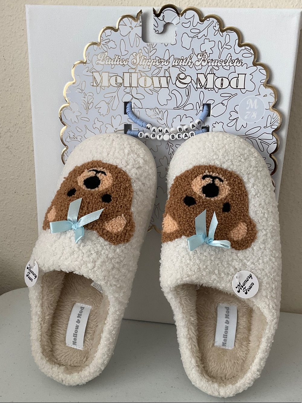 Mellow Mod Cream Teddy Bear Fuzzy Slippers with Bracelets
